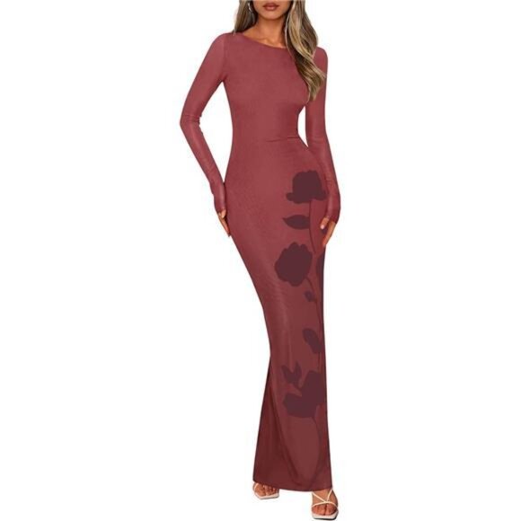 Bodycon Maxi Dress Long Sleeve Sexy Mesh Red - Picture 1 of 6